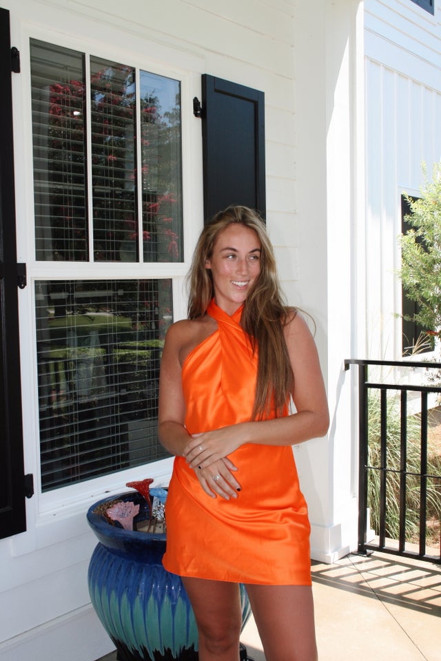 open lace back dress Art-Inspired Semi-Fitted Three-Quarter Sleeves Dress  Orange M